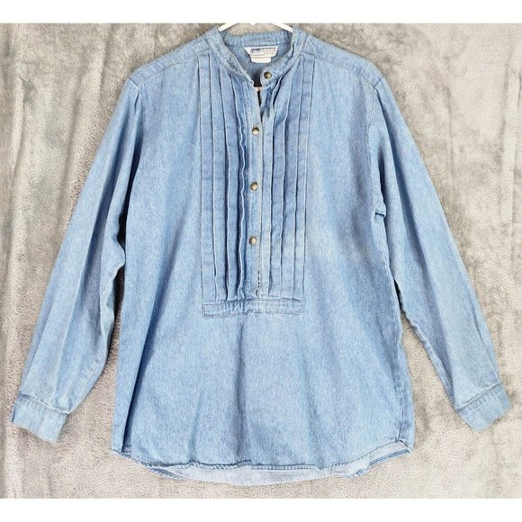 Central Falls Tops - Central Falls Shirt Womens Medium Blue Denim Pleated Worn Grannycore Vintage Top